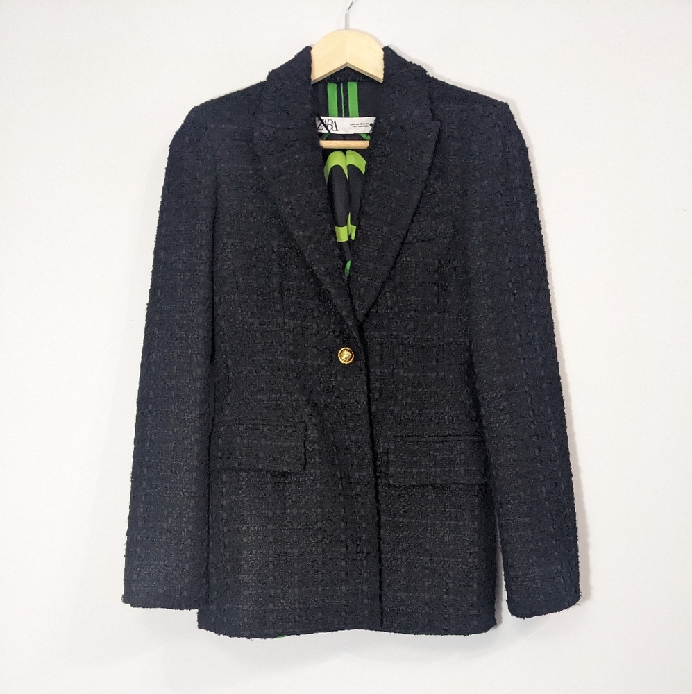 Zara Textured Blazer with Pockets, Fitted, Lined, Black XS